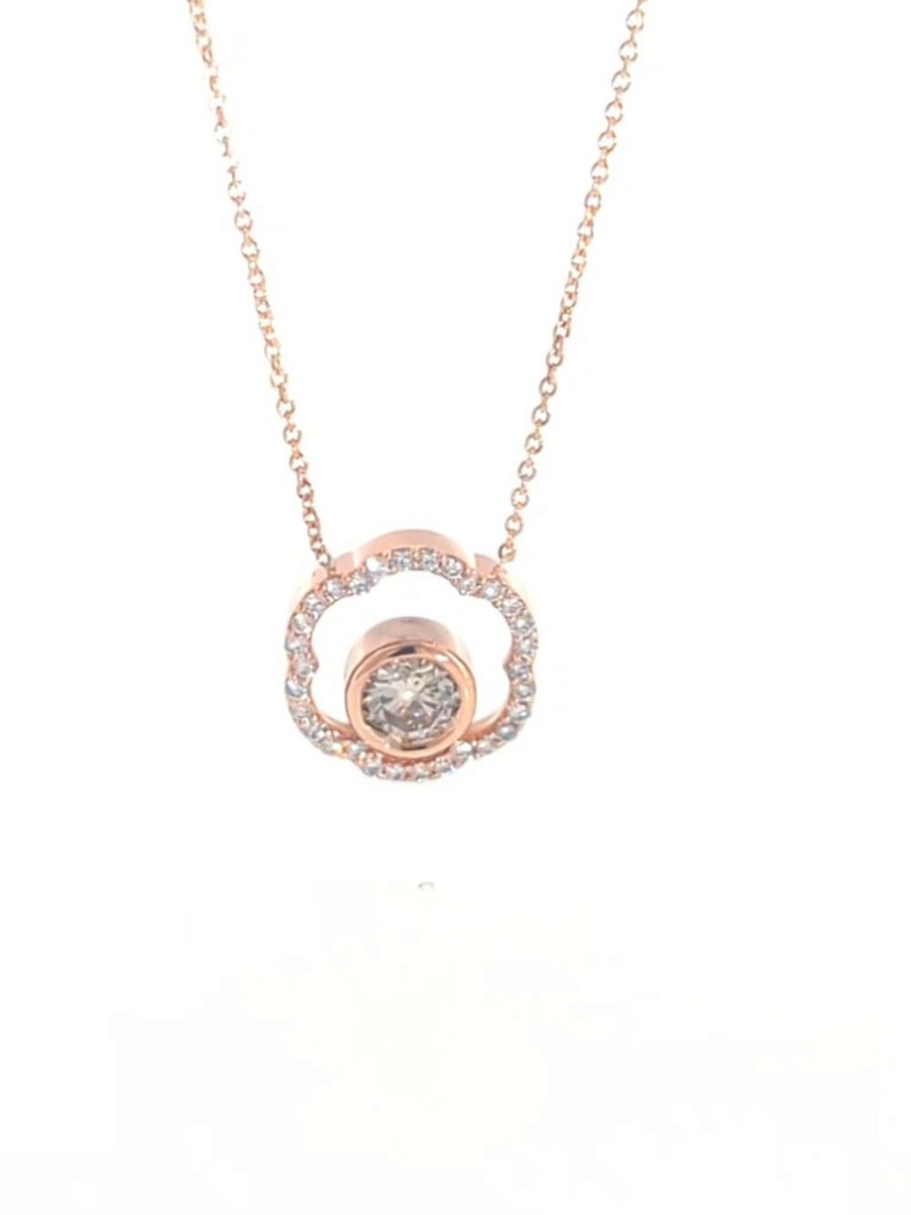 0.81 CT Round Diamond Flower Halo Bezel Pendant Necklace in 14K Rose Gold 1.15tw
